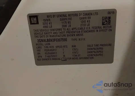 2015 Chevrolet Equinox 1Lt z USA, uszkodzony, nr VIN 2GNALBEK0F6397590